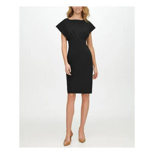 CALVIN KLEIN Black Stretch Pleated Zippered Capelet Sleeve Boat Neck | SIZE 6